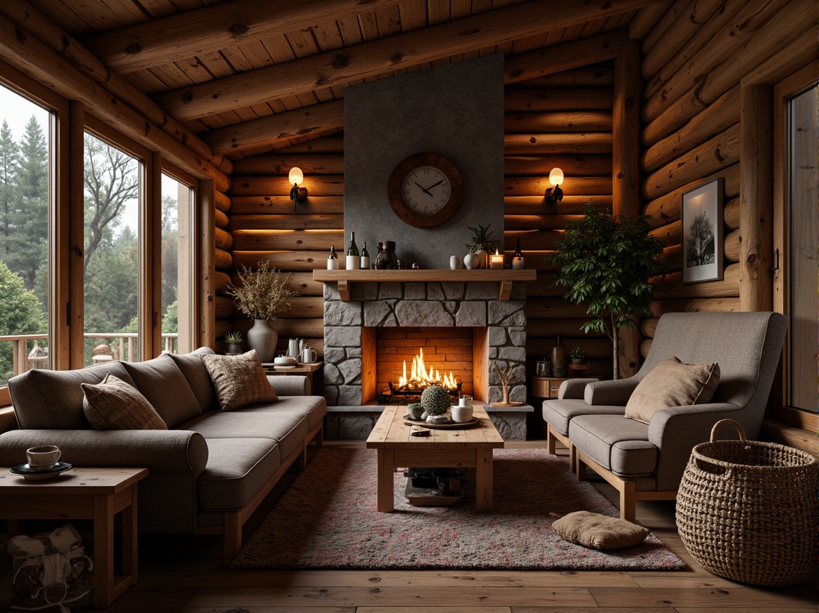 Prompt: Rustic cabin, wooden accents, natural stone walls, earthy tones, vintage decor, distressed wood furniture, plush textiles, woven baskets, pinecone details, candlelit ambiance, soft warm lighting, shallow depth of field, 1/2 composition, intimate atmosphere, realistic wood grain textures, ambient occlusion.Please let me know if this meets your requirements!