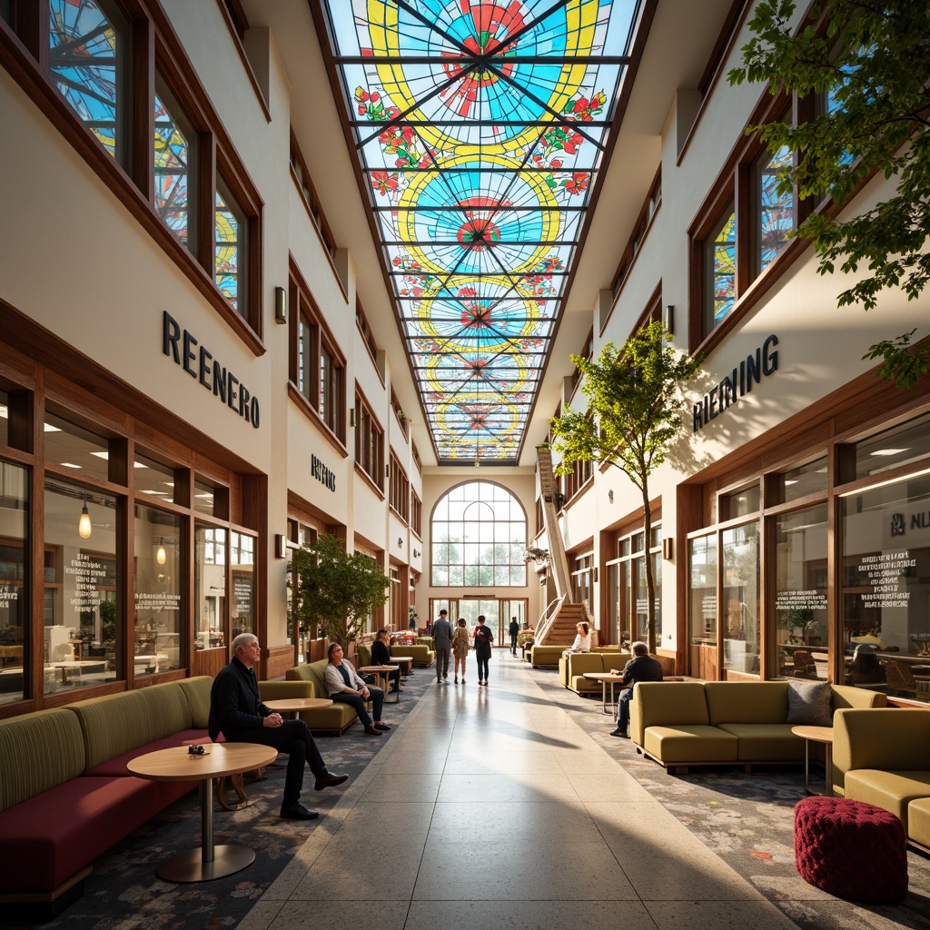 Prompt: Vibrant student hall interior, stained glass ceiling, colorful geometric patterns, warm natural light, cozy atmosphere, wooden furniture, comfortable seating areas, inspirational quotes, modern minimalist design, sleek metal accents, soft carpet flooring, calm ambiance, subtle color palette, indirect lighting, 1/1 composition, shallow depth of field, realistic textures.