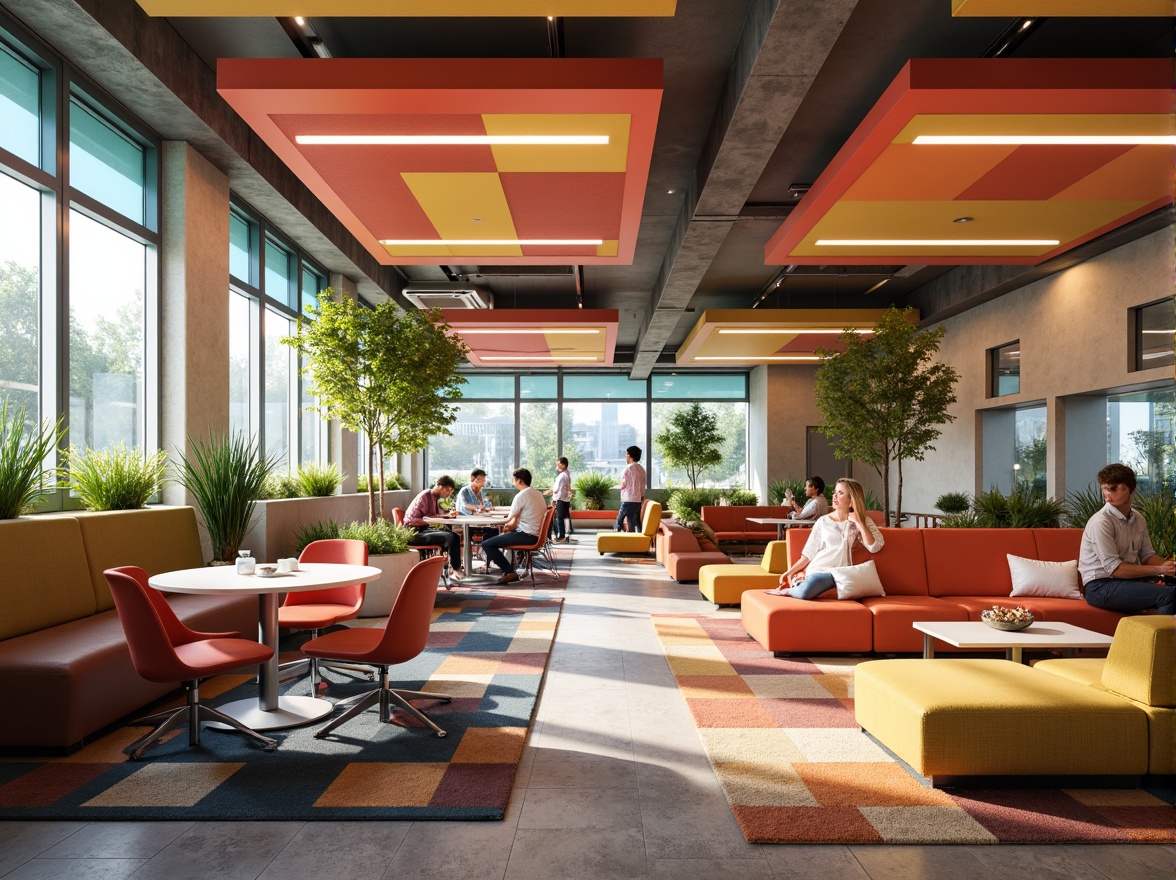 Prompt: Vibrant university interior, colorful fabrics, acoustic panels, ergonomic furniture, collaborative workspaces, flexible seating arrangements, modern minimalist decor, natural materials, reclaimed wood accents, geometric patterned rugs, soft warm lighting, ambient textures, 1/1 composition, shallow depth of field, realistic rendering.