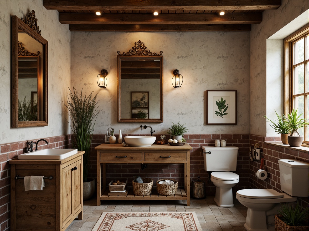 Prompt: Rustic farmhouse bathroom, distressed wood vanity, copper fixtures, ornate mirrors, vintage sink basins, porcelain toilets, worn brick walls, natural stone flooring, earthy color palette, warm soft lighting, 1/1 composition, shallow depth of field, realistic textures, ambient occlusion, botanical prints, woven baskets, potted greenery, antique decorative accessories.