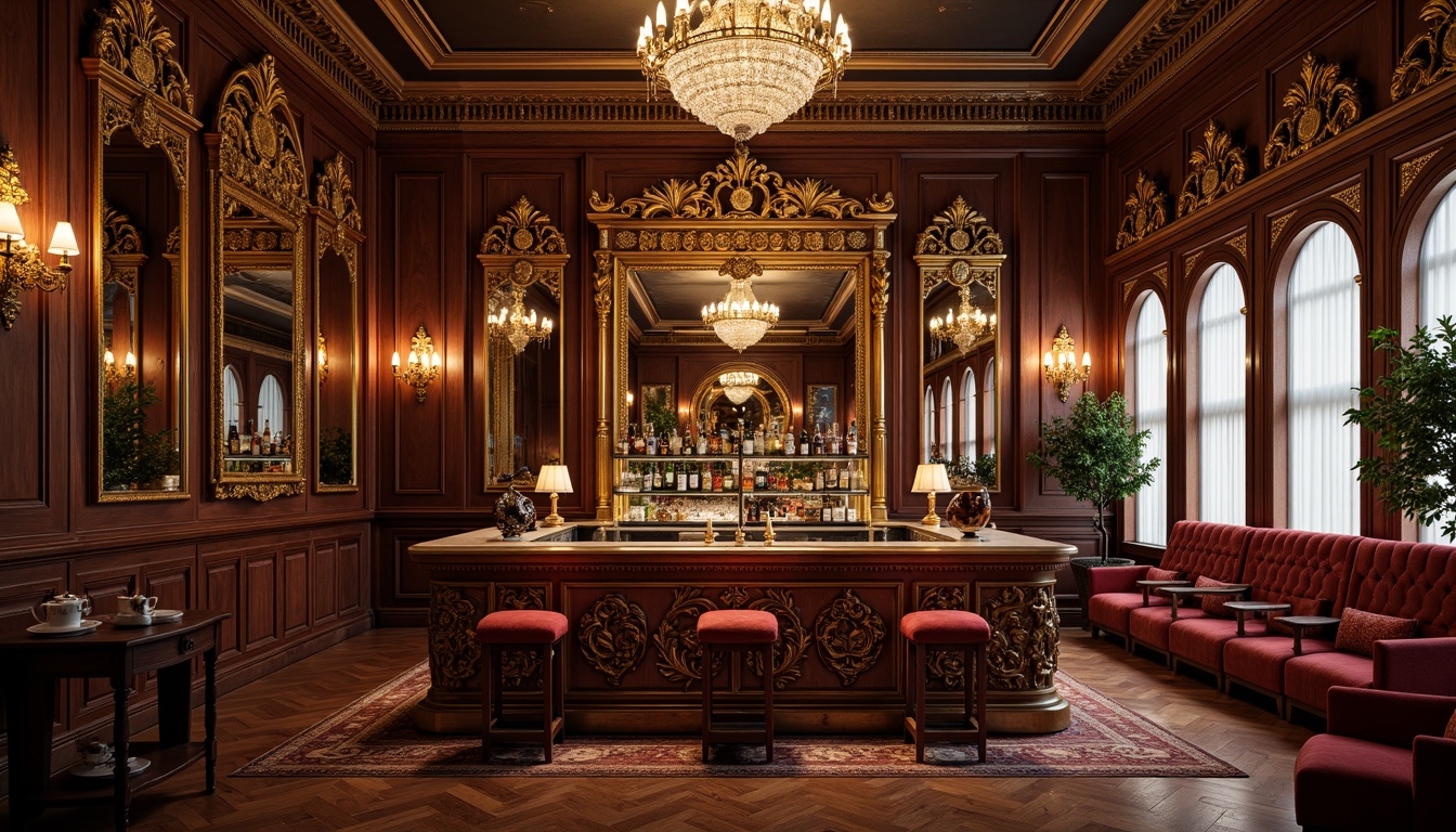 Prompt: Opulent Rococo-style home bar, intricately carved wooden counter, gilded accents, ornate mirrors, lavish velvet upholstery, crystal chandeliers, rich mahogany tones, antique brass hardware, ornamental metalwork, soft warm lighting, 1/2 composition, shallow depth of field, realistic textures, ambient occlusion.