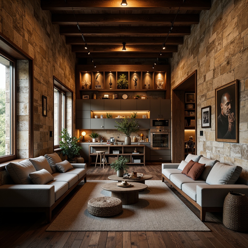 Prompt: Rustic interior, textured walls, natural stone accents, earthy color palette, warm ambient lighting, cozy atmosphere, wooden floorboards, plush furnishings, woven baskets, vintage decorative items, eclectic artwork, distressed finishes, industrial-chic decor, urban loft vibe, moody shadows, dramatic contrast, 1/1 composition, shallow depth of field.