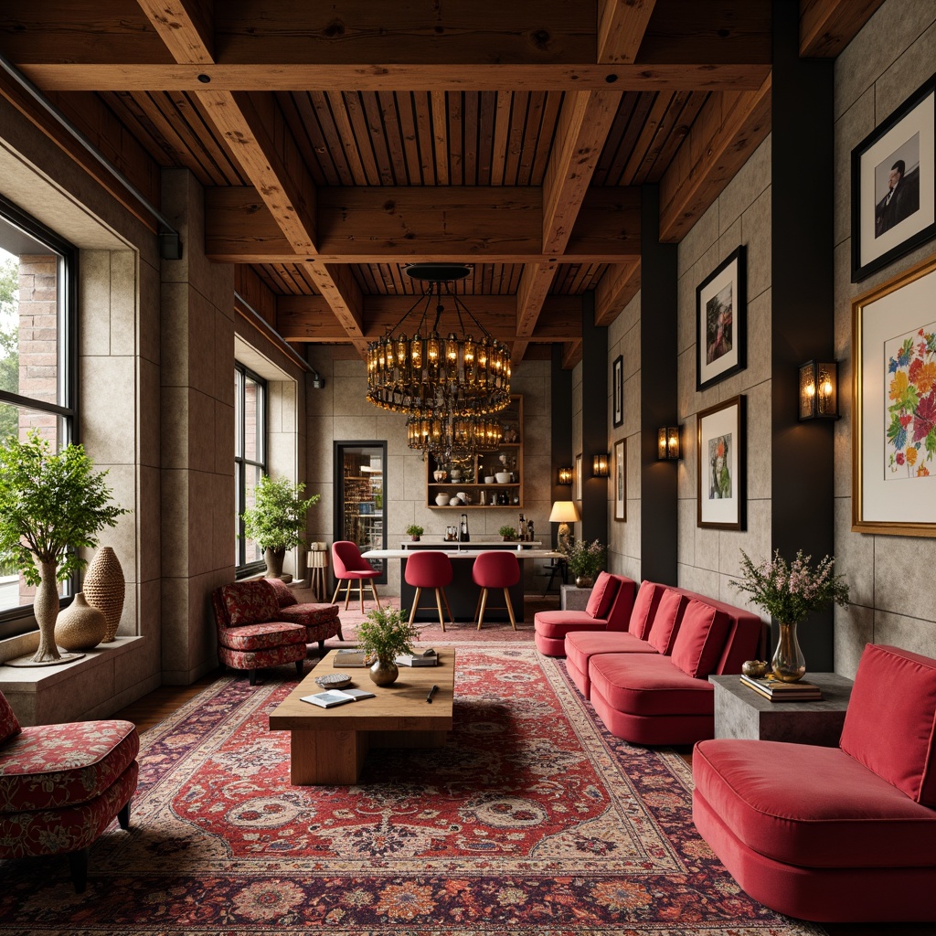 Prompt: Richly patterned rugs, plush velvet furniture, natural stone walls, reclaimed wood accents, metallic lighting fixtures, ornate moldings, luxurious marble countertops, soft warm ambient lighting, cozy reading nooks, comfortable seating areas, vibrant colorful artwork, eclectic decorative accessories, rustic wooden beams, industrial metal columns, sleek minimalist decor, calm serene atmosphere, 1/1 composition, shallow depth of field, realistic textures.