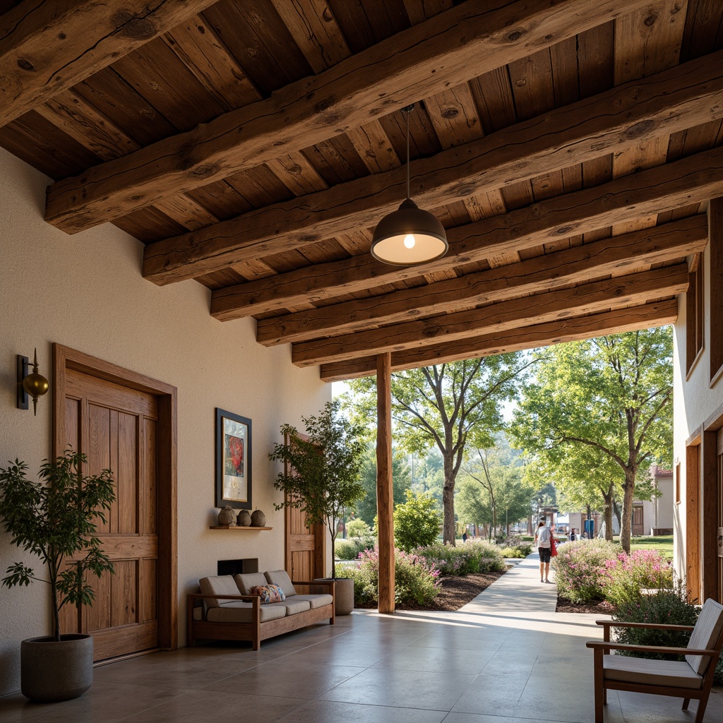 Prompt: Rustic cultural center, exposed wooden beams, natural stone walls, earthy color palette, reclaimed wood accents, distressed metal fixtures, vintage industrial lighting, open-plan interior, high ceilings, minimalist decor, cozy atmosphere, warm soft lighting, shallow depth of field, 1/1 composition, realistic textures, ambient occlusion, panoramic view, surrounding lush greenery, blooming trees, serene outdoor spaces, meandering walkways, natural material blending.