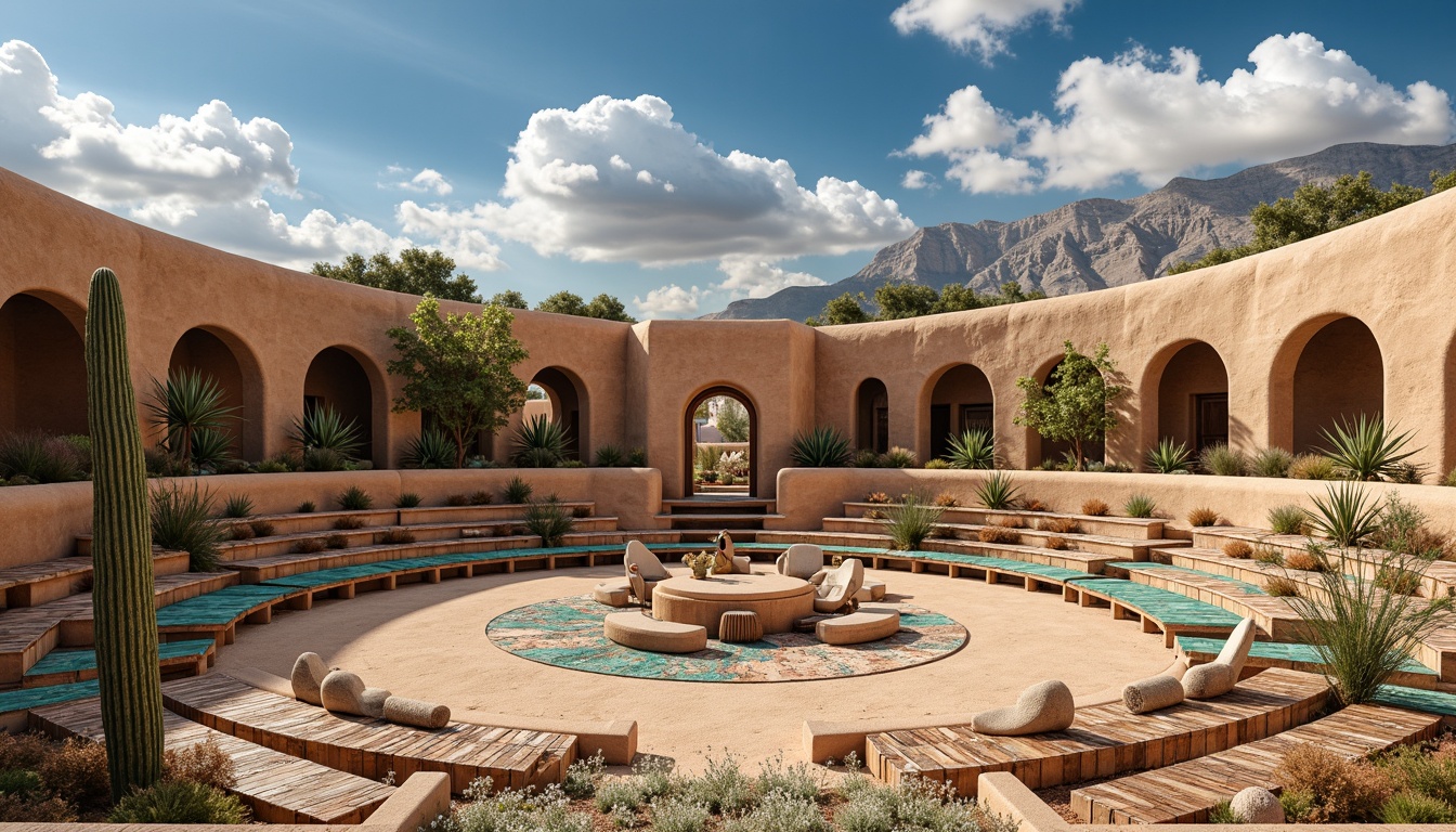 Prompt: Southwestern amphitheater, tiered seating arrangement, rustic wooden benches, vibrant turquoise accents, woven textiles, patterned rugs, adobe-inspired architecture, curved lines, natural stone walls, desert landscape, cactus plants, hot sunny day, clear blue sky, dramatic cloud formations, warm golden lighting, soft shadows, 3/4 composition, panoramic view, realistic textures, ambient occlusion.