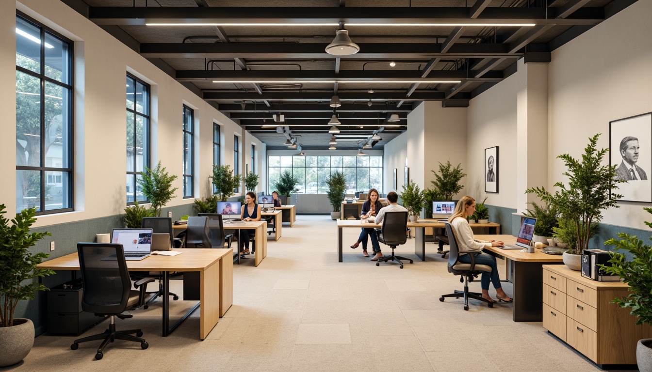 Prompt: Modern office interior, collaborative workspaces, ergonomic furniture, natural wood accents, calming greenery, soothing blue tones, creamy white walls, industrial metal fixtures, sleek glass partitions, minimalistic decor, ambient warm lighting, shallow depth of field, 1/1 composition, realistic textures, subtle color gradients, neutral beige carpeting, polished concrete floors, professional atmosphere, relaxed ambiance, creative freedom.