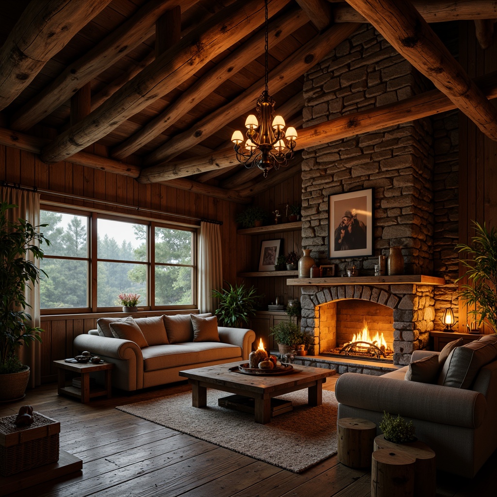 Prompt: Rustic cabin, wooden beams, stone walls, cozy fireplace, warm candlelight, vintage lanterns, Edison bulbs, distressed metal fixtures, earthy color palette, natural textures, reclaimed wood accents, industrial-chic decor, soft ambient glow, dramatic shadows, 1/1 composition, low-key lighting, moody atmosphere, forest surroundings, misty morning, warm golden light, realistic rendering.