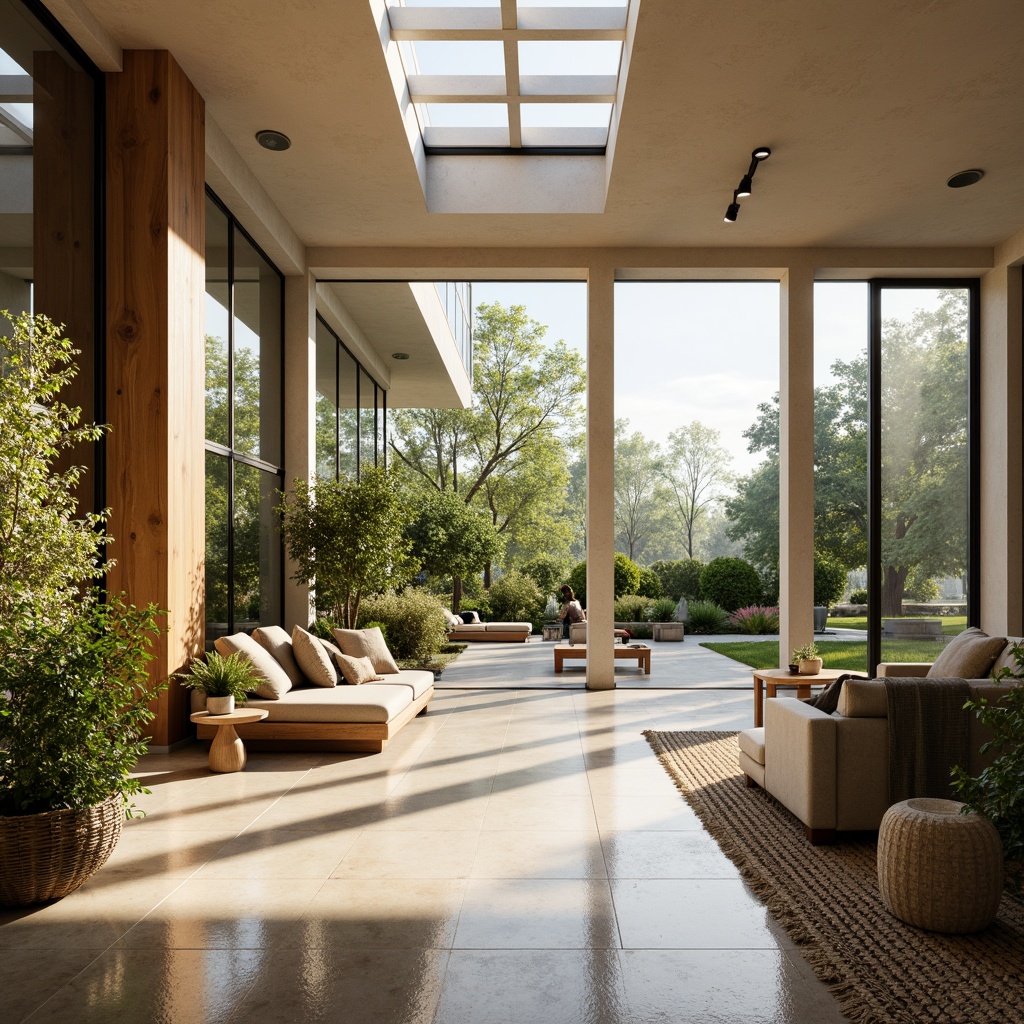 Prompt: Spacious interior, large windows, sliding glass doors, clerestory roofs, skylights, translucent walls, reflective surfaces, minimal obstruction, open floor plans, airy atmosphere, soft diffused lighting, warm color palette, natural textiles, organic materials, verdant greenery, lush plants, sunny day, gentle warm light, shallow depth of field, 1/1 composition, panoramic view, realistic textures, ambient occlusion.