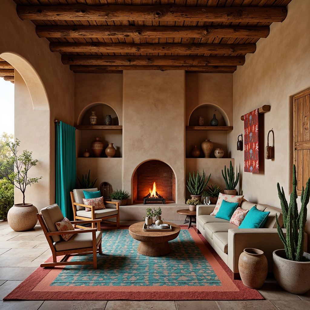 Prompt: Vibrant turquoise accents, rustic wooden beams, earthy adobe walls, woven Native American patterns, vibrant color schemes, geometric tile work, plush southwestern-inspired textiles, cozy kiva fireplaces, natural stone flooring, ambient warm lighting, shallow depth of field, 1/2 composition, intimate scale, authentic cultural decor, traditional pottery displays, woven basketry, desert botanicals, cacti arrangements.