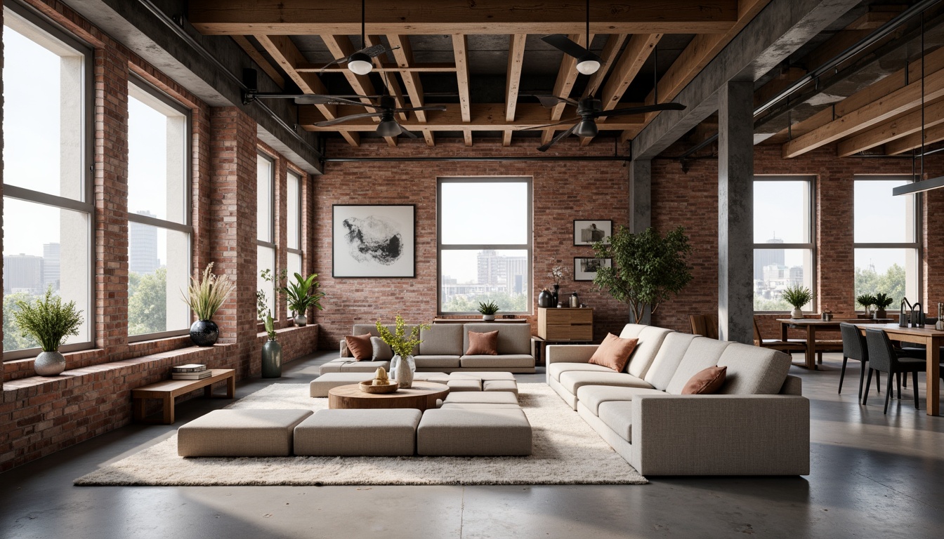 Prompt: Industrial chic loft interior, exposed brick walls, polished concrete floors, metal beams, reclaimed wood accents, minimalist decor, sleek low-profile furniture, streamlined sofas, tufted ottomans, industrial-style lighting fixtures, Edison bulbs, urban modern aesthetic, functional simplicity, neutral color palette, natural textiles, airy open spaces, large windows, cityscape views, soft diffused light, 1/1 composition, realistic materials, subtle ambient occlusion.