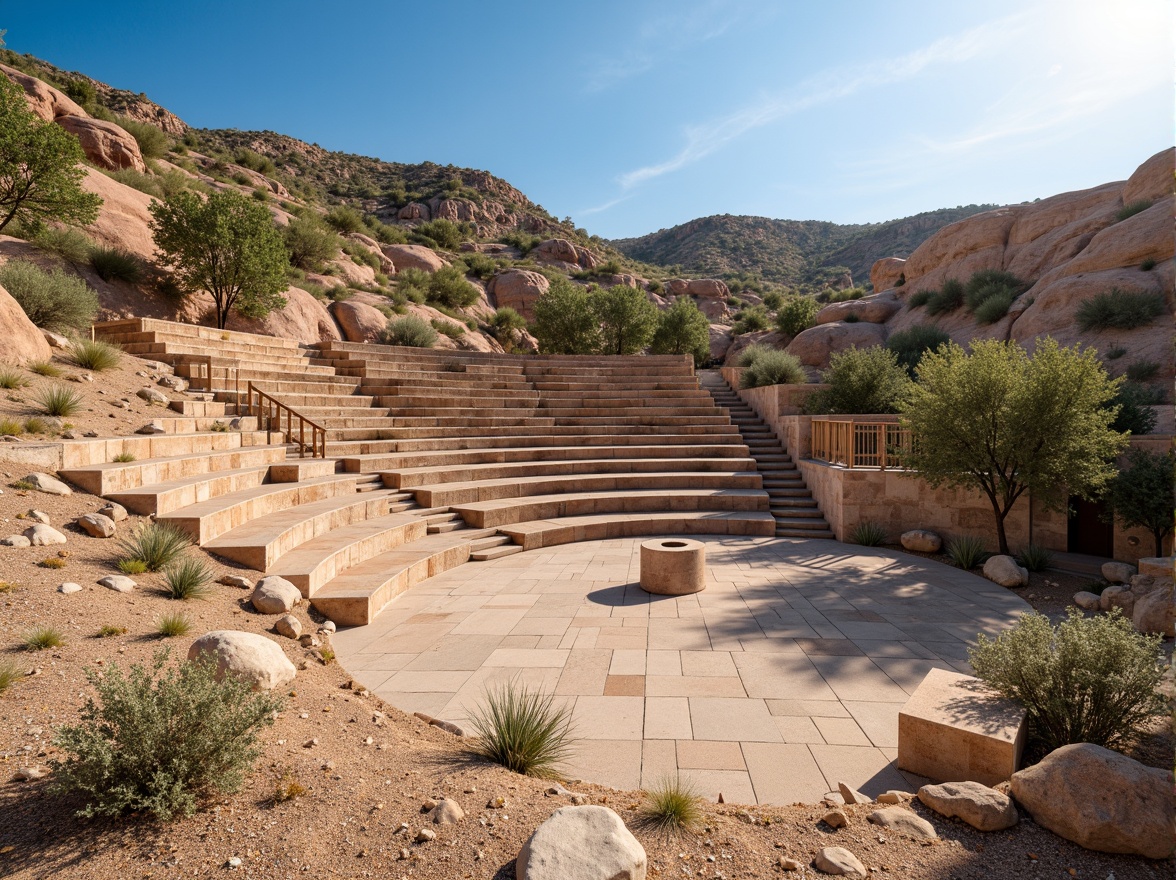 Prompt: Southwestern style amphitheater, natural stone seating, curved tiers, rustic wooden railings, desert landscape, cacti plants, sandy terrain, clear blue sky, warm sunny day, soft ambient lighting, shallow depth of field, 3/4 composition, panoramic view, realistic textures, ambient occlusion, acoustic sound systems, optimized speaker placement, sound reflection considerations, echo reduction design, natural reverb simulation, immersive audio experience.