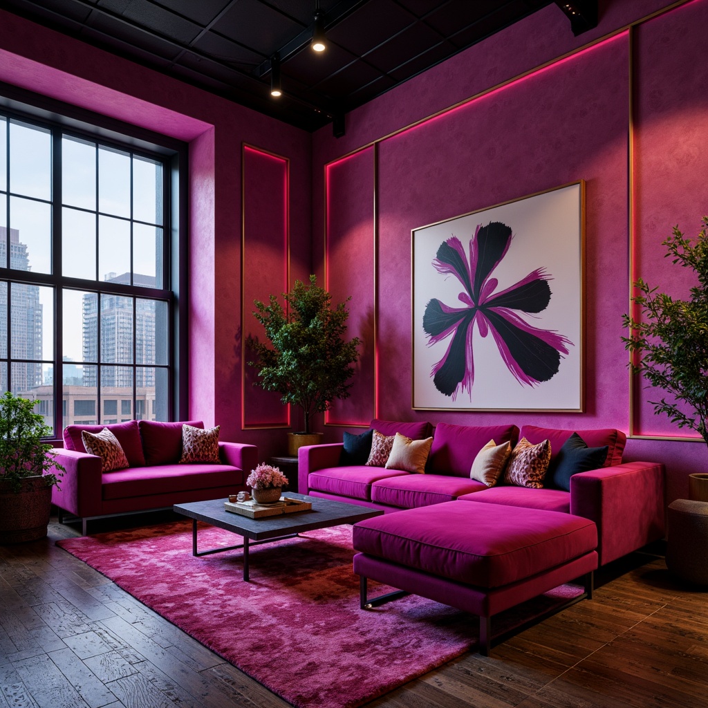 Prompt: Vibrant magenta accent walls, sleek modern furniture, bold graphic patterns, neon pink highlights, luxurious velvet fabrics, metallic rose gold accents, dramatic floor-to-ceiling windows, urban cityscape views, trendy industrial loft architecture, reclaimed wood floors, edgy abstract artwork, moody atmospheric lighting, shallow depth of field, 1/1 composition, realistic textures, ambient occlusion.