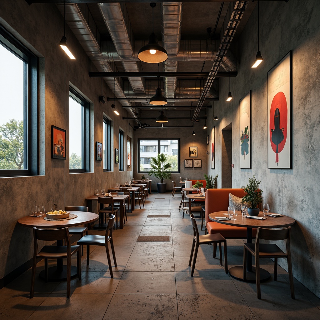 Prompt: Rough-hewn concrete walls, cold industrial lighting, exposed ductwork, metallic chairs, minimalist tables, bold color accents, abstract artwork, geometric patterns, rough stone flooring, reclaimed wood accents, brutalist architecture, dramatic shadows, high ceilings, industrial-style lighting fixtures, raw unfinished textures, contrasting smooth surfaces, warm natural light, 1/1 composition, low-key mood lighting, atmospheric misting.