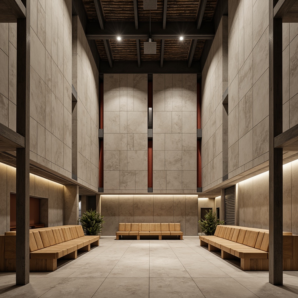 Prompt: Raw concrete walls, brutalist architecture, industrial aesthetic, acoustic panels, sound-absorbing materials, geometric patterns, minimalist design, functional seating, wooden benches, steel beams, exposed ductwork, industrial lighting fixtures, warm color palette, textured finishes, natural stone flooring, dramatic high ceilings, symmetrical composition, central focal point, ambient occlusion, realistic rendering.