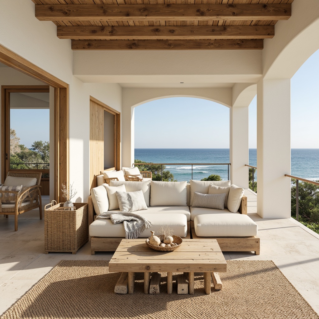 Prompt: Airy beachside villa, soft creamy walls, weathered wooden accents, driftwood decorations, natural fiber textiles, ocean-inspired color palette, large windows, sliding glass doors, unobstructed sea views, warm sunny day, gentle ocean breeze, soft diffused lighting, shallow depth of field, 1/1 composition, minimal ornaments, rustic charm, distressed wood furniture, woven rattan elements, coral-patterned rugs, calming atmosphere, serene ambiance.