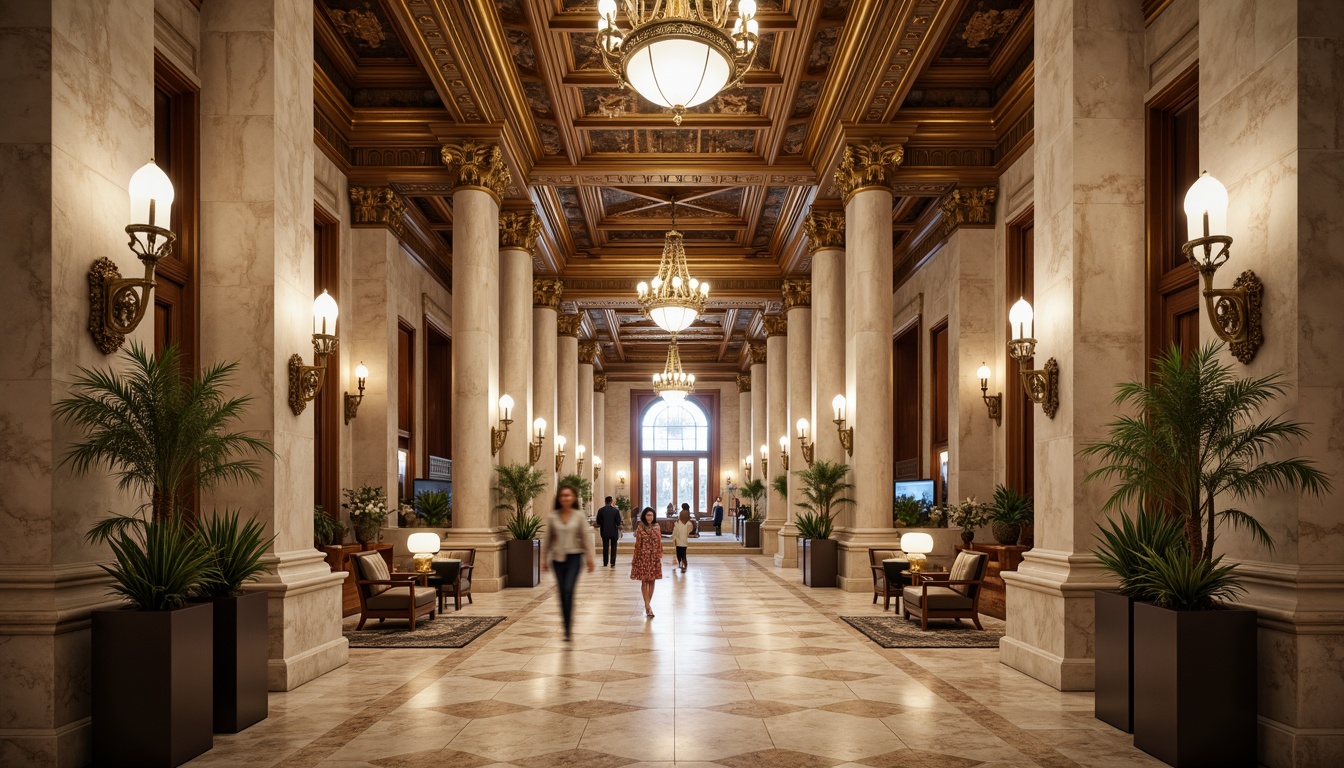 Prompt: Grand banking hall, marble columns, ornate stone carvings, high ceilings, chandeliers, luxurious furnishings, rich wood tones, polished bronze details, intricate moldings, classicism style, symmetrical composition, dramatic lighting, warm beige colors, subtle texture overlays, soft focus effect, shallow depth of field, 1/2 composition, realistic reflections, ambient occlusion.