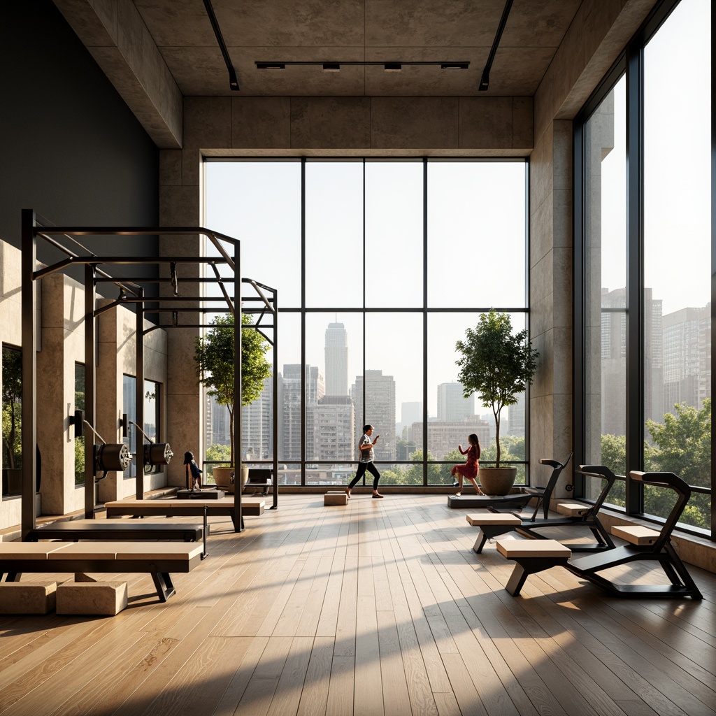 Prompt: Modern fitness club interior, minimalist exercise equipment, sleek metal frames, wooden flooring, neutral color palette, natural light pouring in, high ceilings, spacious atmosphere, floor-to-ceiling windows, urban cityscape views, concrete walls, industrial-chic decor, Scandinavian-inspired furniture, low-profile benches, simple geometric shapes, monochromatic tones, soft warm lighting, shallow depth of field, 1/1 composition, realistic textures, ambient occlusion.