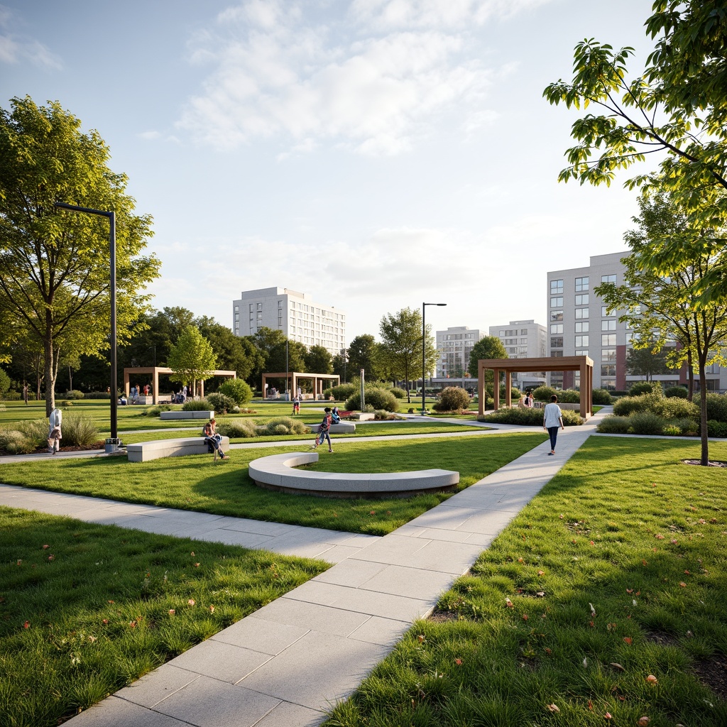 Prompt: Serenity community park, lush green lawns, minimalist landscaping, natural stone pathways, wooden benches, simple modern streetlights, open air pavilions, community gardens, public art installations, neutral color palette, clean lines, minimal ornamentation, functional furniture, ample natural light, soft warm ambiance, shallow depth of field, 1/1 composition, panoramic view, realistic textures, ambient occlusion.