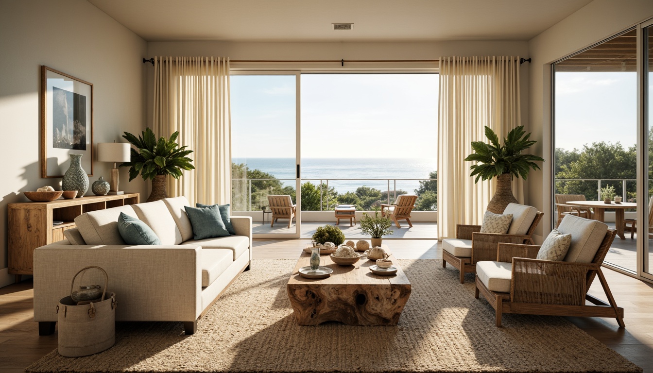 Prompt: Serene coastal living room, plush beige sofa, driftwood coffee table, natural fiber rugs, woven sea grass armchairs, distressed wood accents, ocean-inspired decorative shells, coral-patterned throw pillows, soft blue-green color palette, floor-to-ceiling windows, sliding glass doors, beachy landscape views, warm sunny day, soft golden lighting, shallow depth of field, 2/3 composition, realistic textures, ambient occlusion.