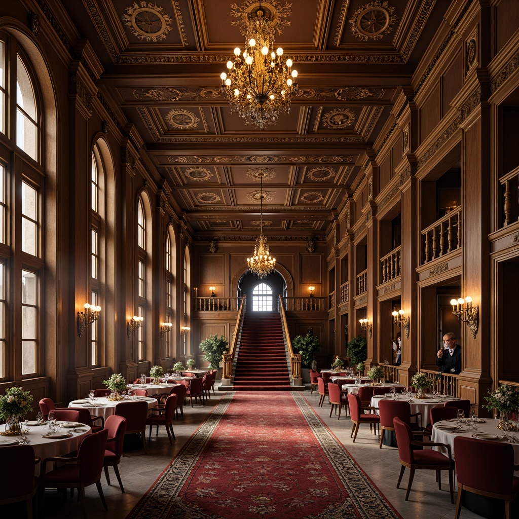 Prompt: Grandiose dining hall, ornate moldings, gilded details, intricate carvings, lavish chandeliers, rich velvet fabrics, dark wood paneling, marble floors, Baroque-style architecture, dramatic archways, sweeping staircases, opulent furnishings, golden accents, warm candlelight, soft focus photography, 1/2 composition, atmospheric lighting, realistic textures.