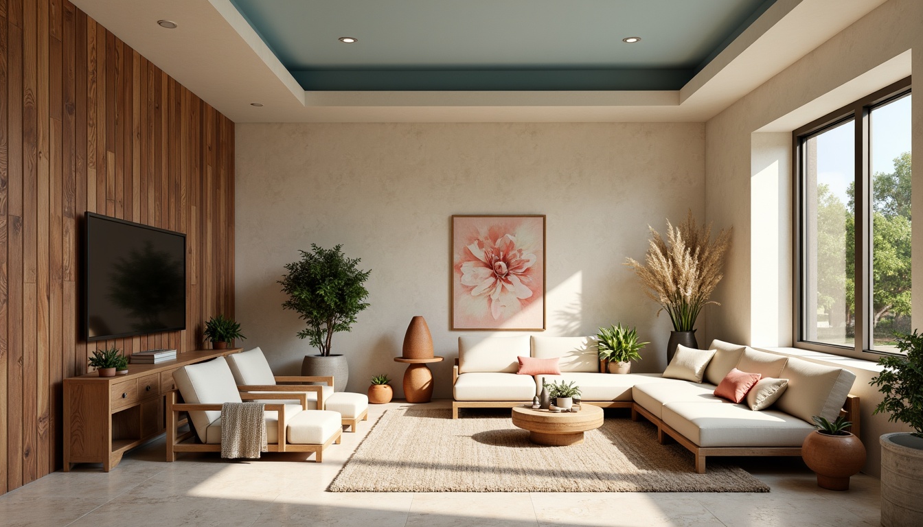 Prompt: Soft warm beige walls, rich walnut wood accents, calming light blue ceilings, gentle cream-colored furniture, elegant bronze metalwork, lush greenery, natural stone flooring, earthy terracotta pots, vibrant coral-hued decorative accents, serene ambient lighting, subtle texture overlays, realistic material reflections, shallow depth of field, 1/1 composition, panoramic view.