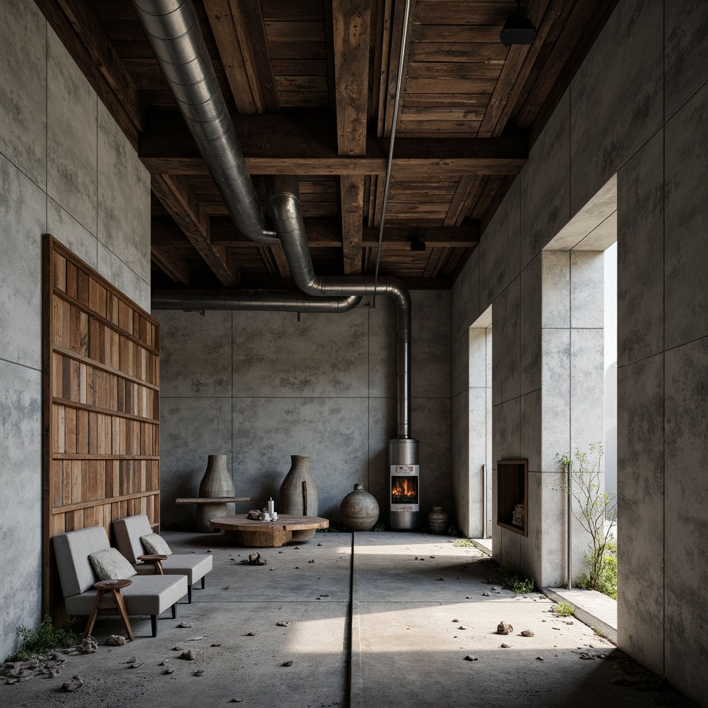 Prompt: Rough-hewn concrete walls, distressed wooden accents, industrial metal beams, exposed ductwork, raw stone floors, brutalist architecture, minimalist decor, bold geometric shapes, cold atmospheric lighting, high-contrast textures, rough unfinished surfaces, urban decay aesthetic, gritty realistic render, cinematic composition, 1/1 aspect ratio, dramatic shadowplay.