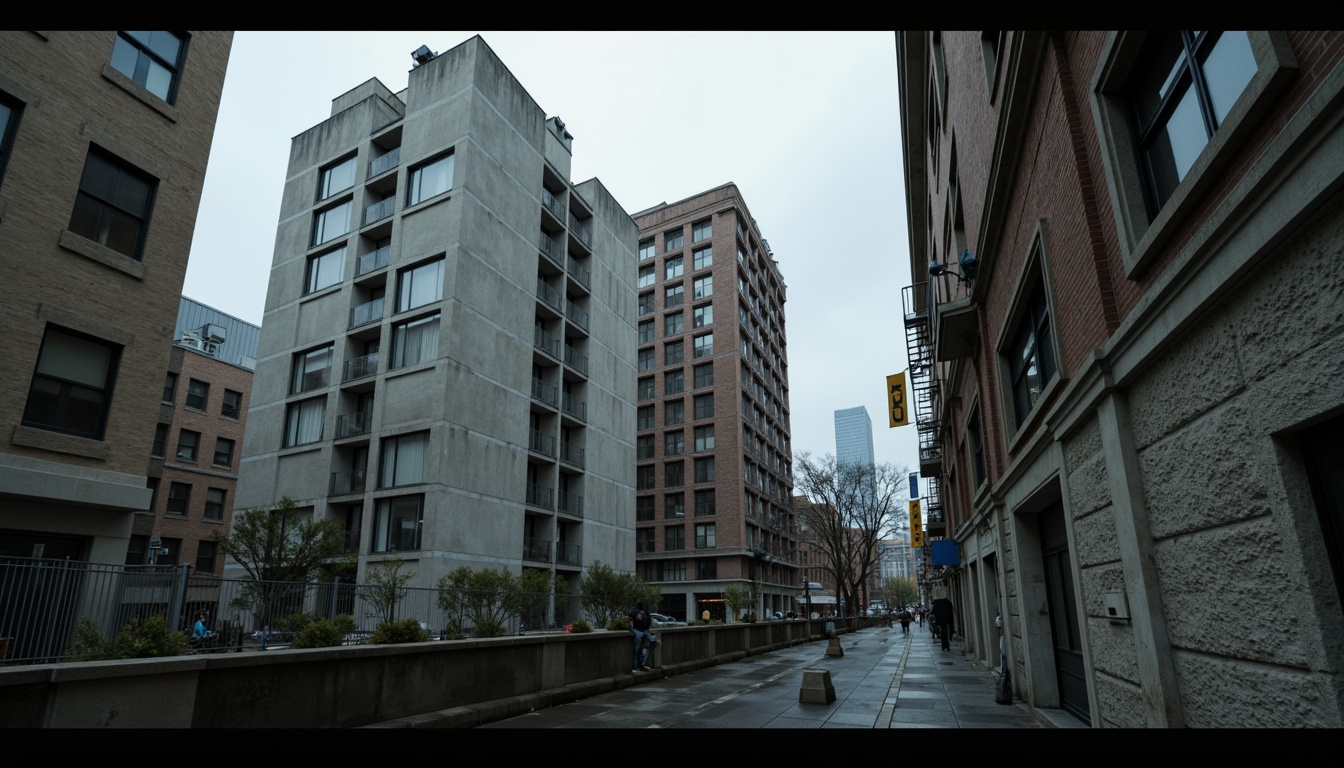 Prompt: Raw concrete textures, brutalist architecture, fortress-like buildings, industrial metal accents, distressed wood finishes, exposed ductwork, urban cityscape, gloomy overcast skies, dramatic high-contrast lighting, moody atmospheric effects, desaturated color palette, rugged stone walls, angular geometric shapes, minimal ornamental details, functional design elements, utilitarian aesthetic, cold harsh ambiance, cinematic 2.35