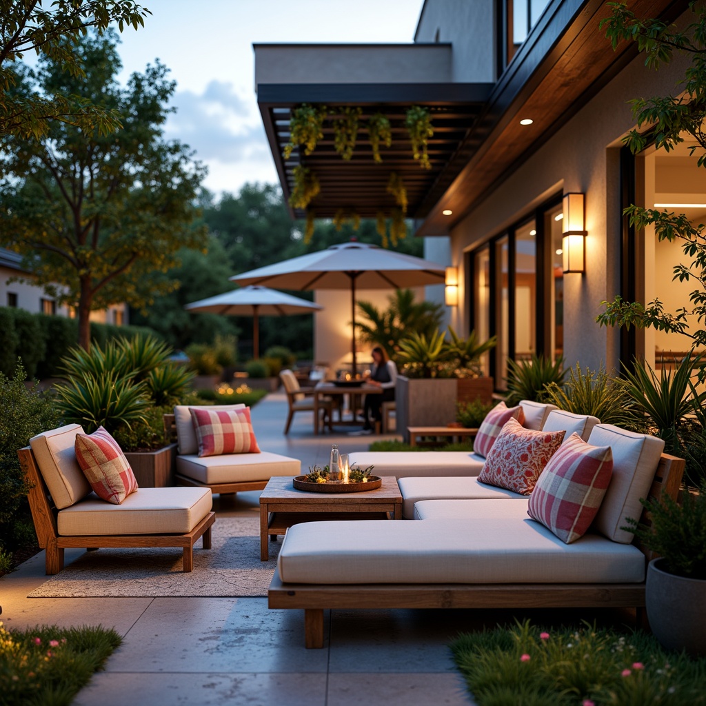 Prompt: Cozy patio, natural stone flooring, rustic wooden furniture, plush cushions, vibrant outdoor fabrics, steel frames, modern minimalist design, lantern-style lighting, warm ambient glow, lush greenery, blooming flowers, tropical plants, shaded areas, cantilevered umbrellas, refreshing misting systems, comfortable lounge seating, intimate conversation areas, weather-resistant materials, durable powder coatings, stylish planters, decorative outdoor accents, serene ambiance, soft warm lighting, shallow depth of field, 3/4 composition, realistic textures.