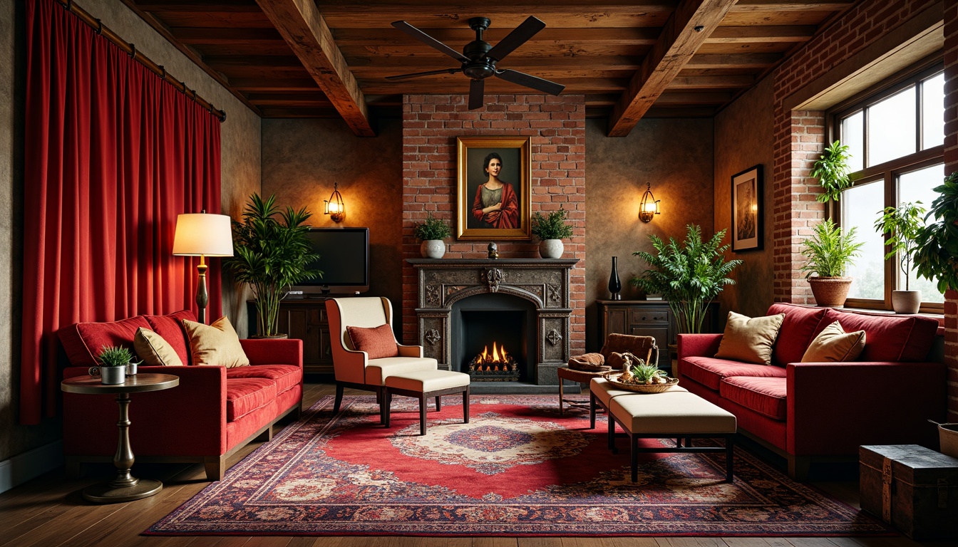 Prompt: Vibrant eclectic room, rich velvet drapes, ornate antique furniture, bold patterned rugs, distressed wood accents, industrial metal lighting fixtures, pendant lamps, exposed brick walls, reclaimed wood ceiling, bohemian-chic decor, warm golden lighting, softbox shadows, 1/2 composition, intimate atmosphere, moody ambient occlusion.