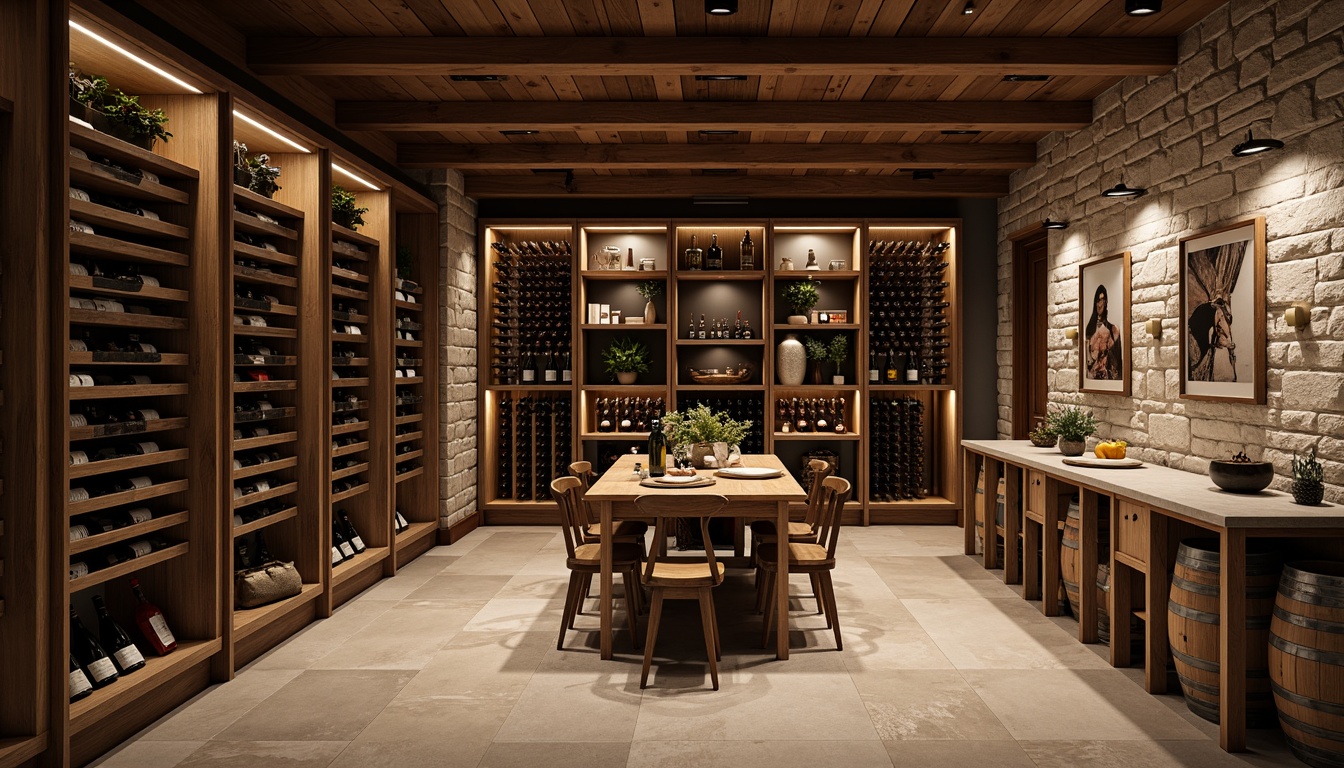 Prompt: Luxurious wine cellar, rich wood tones, elegant glass racks, precision temperature control, humidity management systems, sleek metal shelving, ambient dim lighting, stone walls, rustic wooden barrels, vintage wine crates, sophisticated wine dispensers, modern minimalist decor, recessed LED lighting, 3/4 composition, shallow depth of field, warm earthy color palette, realistic textures, subtle reflections.