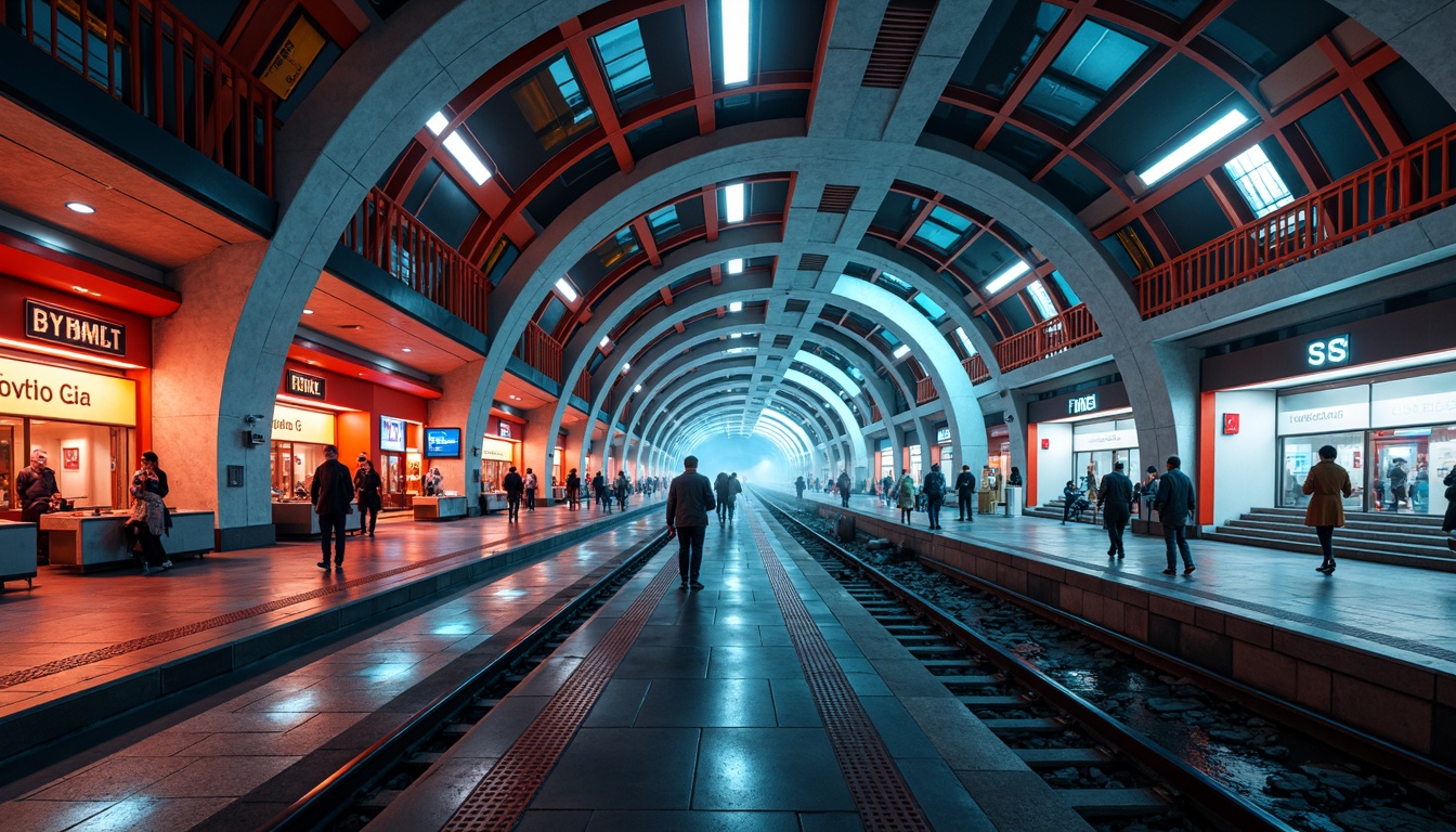 Prompt: Vibrant metro station, futuristic architecture, expressionist design, curved lines, dynamic shapes, bold colors, neon lights, abstract patterns, urban atmosphere, bustling crowds, modern train cars, sleek platforms, stainless steel railings, glossy flooring, geometric ceiling designs, dramatic lighting effects, high-contrast shadows, cinematic mood, 1/2 composition, low-angle shot, blurred motion, atmospheric fog.