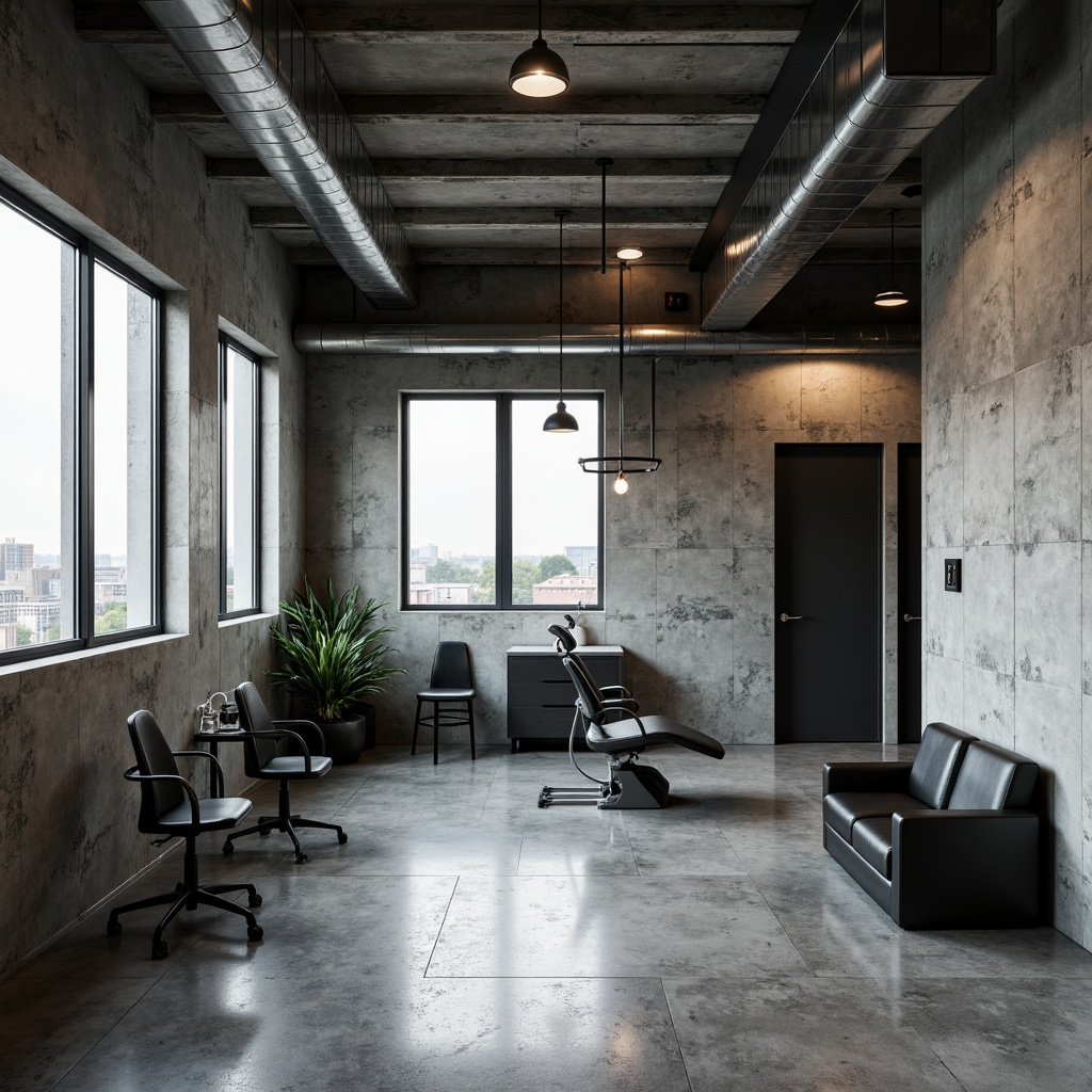 Prompt: Exposed concrete walls, rough-textured surfaces, industrial metal beams, polished chrome accents, matte black furniture, brutalist-inspired dental chairs, raw concrete floors, minimalist decorative elements, functional lighting fixtures, stainless steel medical equipment, bold color contrasts, dramatic shadows, high-contrast photography, 1/2 composition, symmetrical framing, cinematic mood, realistic renderings.