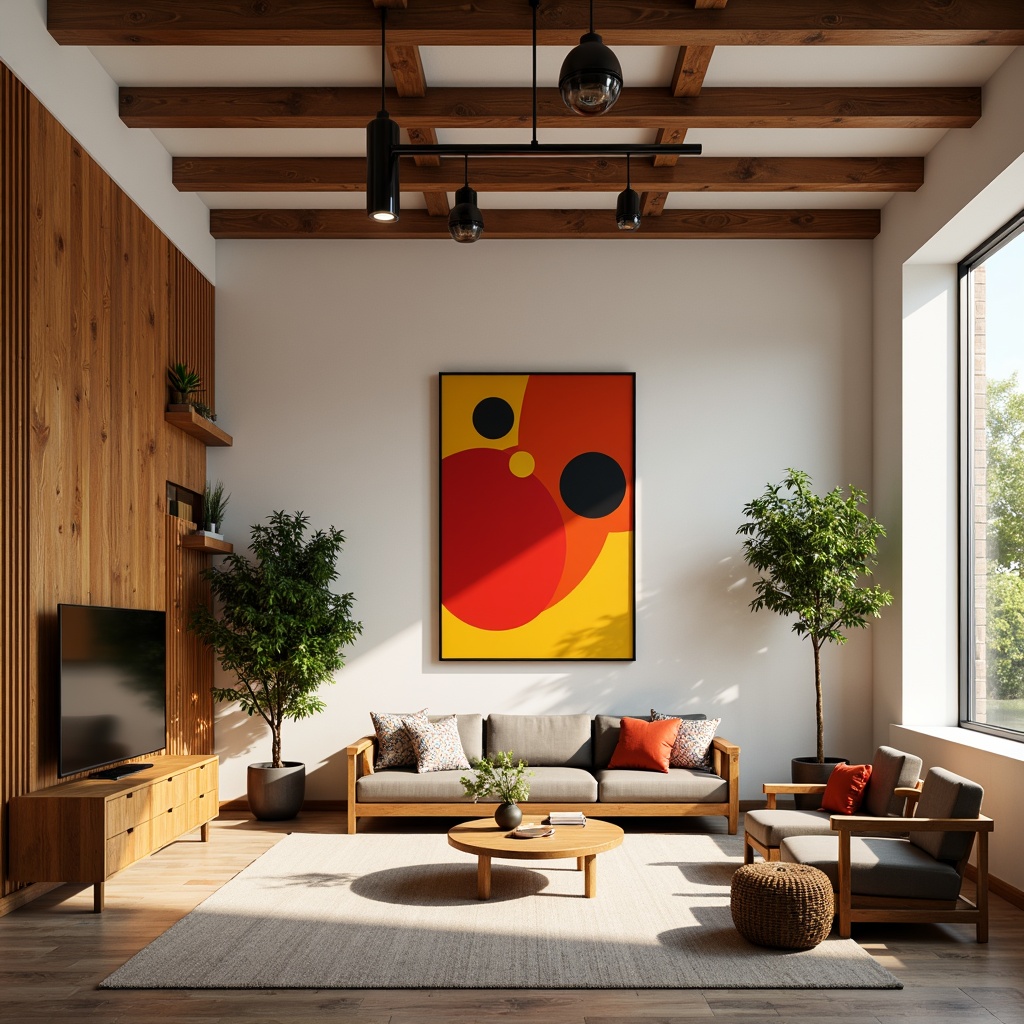 Prompt: Vibrant Bauhaus interior, bold primary colors, stark white walls, rich wood accents, industrial metal fixtures, geometric patterns, minimalist decor, functional furniture, sparse textiles, warm natural light, soft shadows, shallow depth of field, 1/1 composition, realistic materials, ambient occlusion.