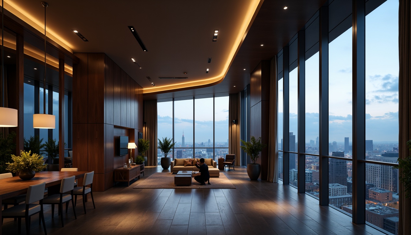 Prompt: Luxurious penthouse, high ceilings, expansive windows, cityscape views, modern minimalist decor, sleek metal lighting fixtures, LED strip lights, recessed ceiling lights, pendant lamps, floor-to-ceiling curtains, ambient warm glow, soft diffused light, dramatic spotlighting, 1/2 composition, low-key lighting, atmospheric shading, realistic reflections.