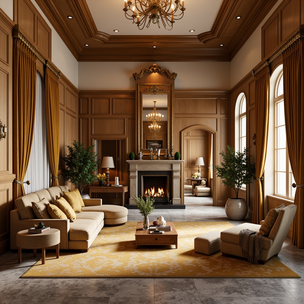 Prompt: Warm beige walls, rich wood paneling, ornate moldings, luxurious fabrics, velvet drapes, golden accents, classic furniture pieces, plush carpets, soft warm lighting, shallow depth of field, 1/1 composition, realistic textures, ambient occlusion, elegant archways, sophisticated ceiling designs, rustic stone fireplaces, natural material blends, earthy color palette, inviting ambiance, cozy atmosphere.