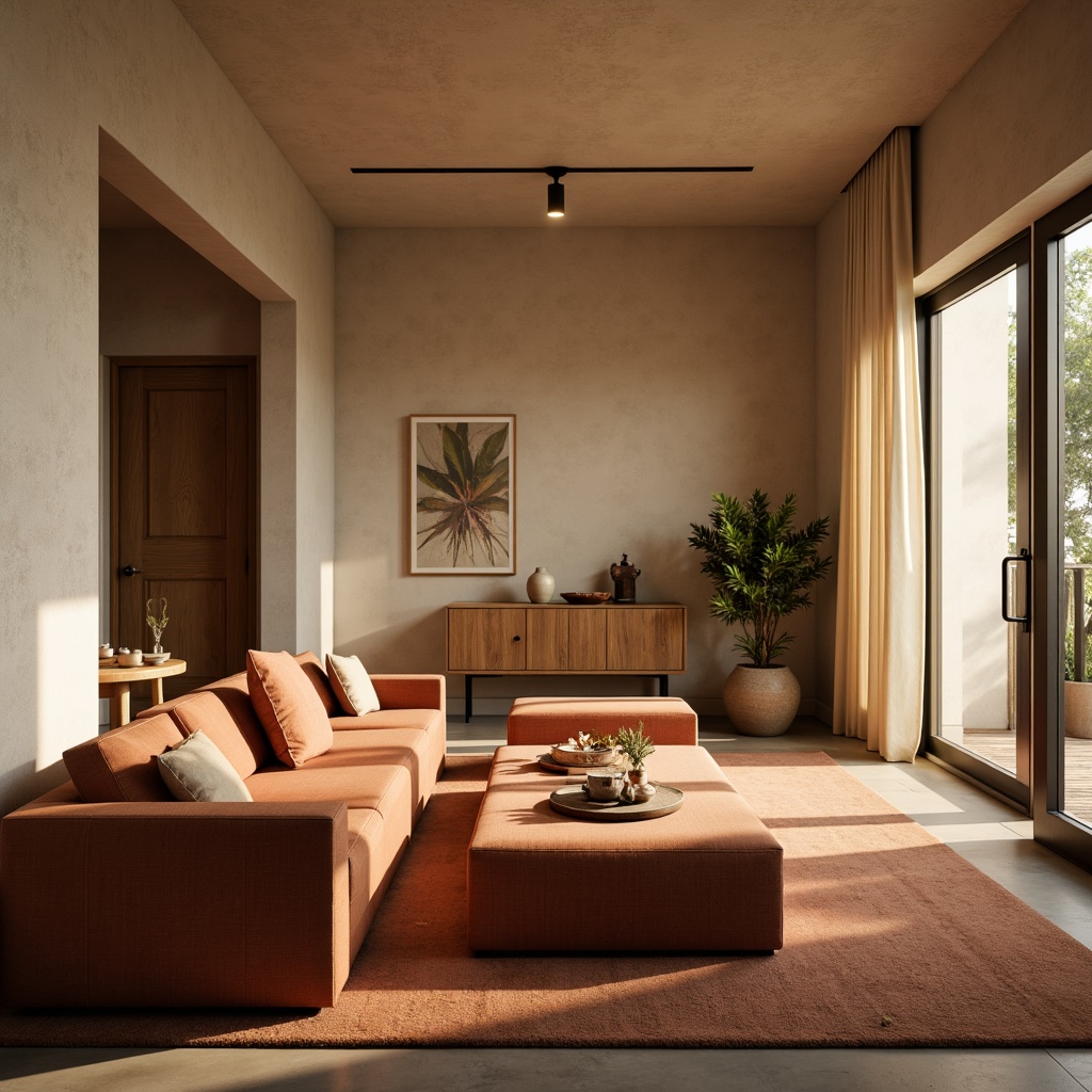 Prompt: Richly textured furniture, warm beige walls, soft cream accents, velvety smooth carpets, matte black metal frames, natural wood tones, earthy terracotta hues, subtle golden lighting, atmospheric misty effects, 1/2 composition, cinematic camera angles, high-contrast shadows, realistic material textures, ambient occlusion.