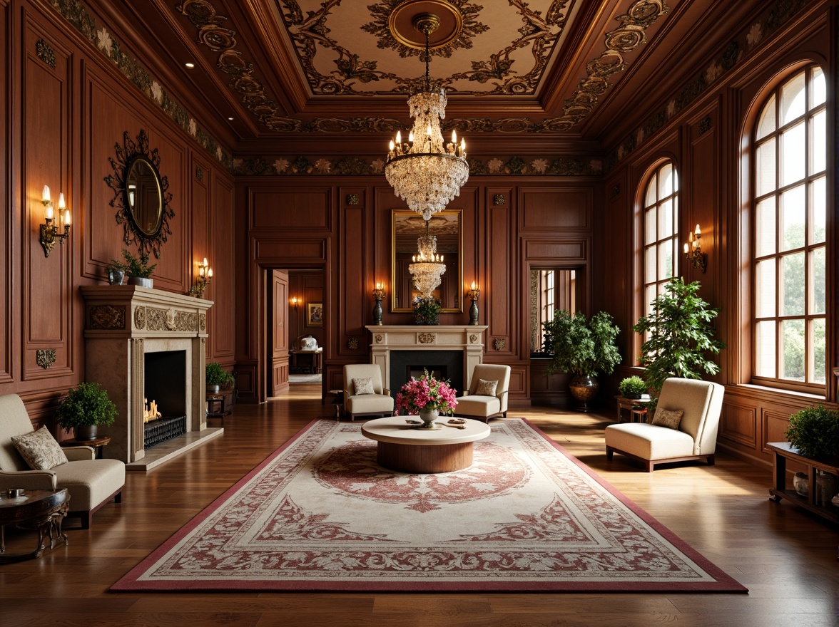 Prompt: Elegant classic mansion, rich wood tones, ornate moldings, sophisticated furnishings, polished hardwood floors, inlaid patterns, marble accents, luxurious textiles, grand chandeliers, high ceilings, large windows, natural light, warm ambiance, soft focus, shallow depth of field, 1/1 composition, realistic reflections.