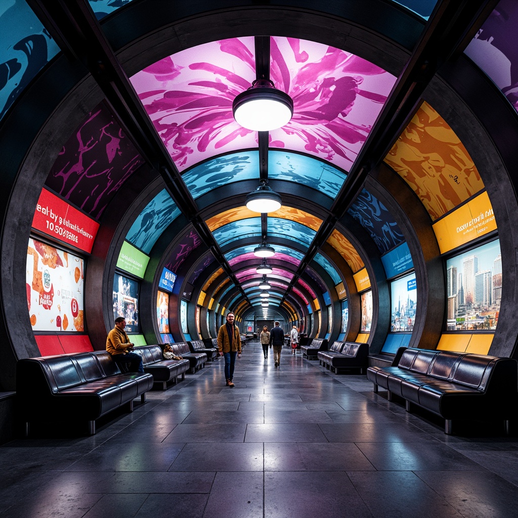 Prompt: Vibrant metro station, expressionist architecture, curved lines, bold colors, abstract patterns, futuristic chandeliers, sleek metal benches, neon-lit advertisements, dynamic escalators, urban cityscape, rush hour atmosphere, moody lighting, dramatic shadows, cinematic composition, high contrast ratio, 1/2 frame ratio, selective focus, shallow depth of field.