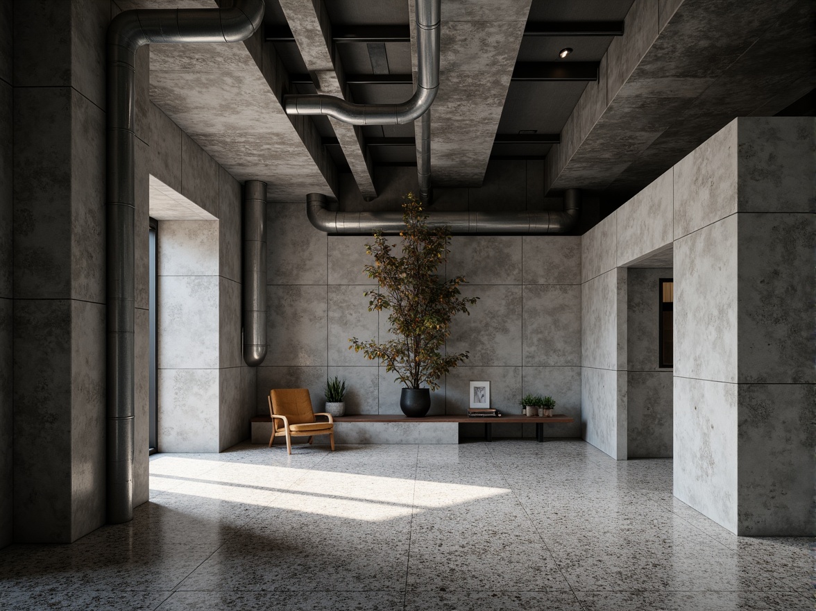 Prompt: Industrial-chic brutalist interior, Terrazzo flooring, cold concrete walls, exposed ductwork, minimalist decor, raw industrial materials, bold geometric patterns, monochromatic color scheme, dramatic high ceilings, atmospheric ambient lighting, cinematic wide-angle shot, shallow depth of field, 2/3 composition, realistic textures, subtle color grading.