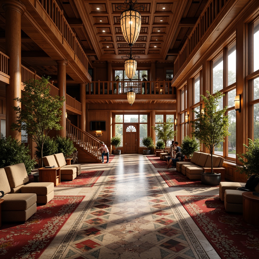 Prompt: \Rustic community center, Victorian-era inspired architecture, ornate wooden floors, polished oak panels, intricate mosaic patterns, vibrant colored tiles, richly textured carpets, plush area rugs, decorative staircases, grand chandeliers, warm golden lighting, soft focus photography, 1/2 composition, atmospheric depth of field.\