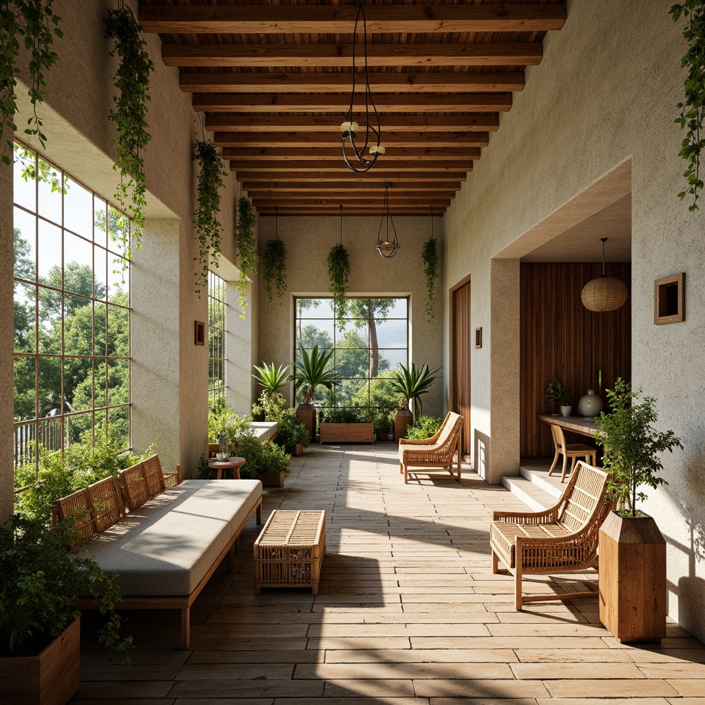 Prompt: Earthy community center, natural stone walls, wooden accents, minimalist architecture, simple clean lines, neutral color palette, abundance of greenery, lush plants, hanging vines, woven bamboo furniture, recycled metal decor, reclaimed wood flooring, soft warm lighting, shallow depth of field, 1/1 composition, realistic textures, ambient occlusion, serene atmosphere, eco-friendly materials, sustainable design elements.