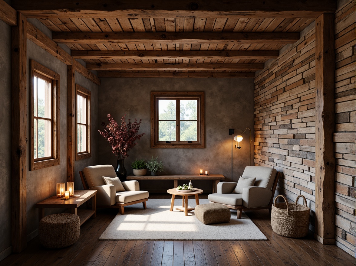 Prompt: Rustic wooden accents, reclaimed barn wood walls, distressed finishes, earthy color palette, natural stone features, exposed brickwork, textured plaster, rough-hewn timber beams, cozy cabin-like atmosphere, warm candlelight, soft warm lighting, 1/1 composition, realistic textures, ambient occlusion.