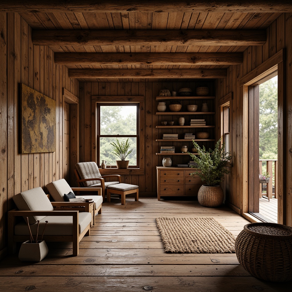 Prompt: Rustic cabin, wooden accents, earthy tones, distressed wood planks, reclaimed barnwood, weathered stone, natural fiber rugs, woven baskets, vintage decor, cozy atmosphere, soft warm lighting, shallow depth of field, 3/4 composition, panoramic view, realistic textures, ambient occlusion.