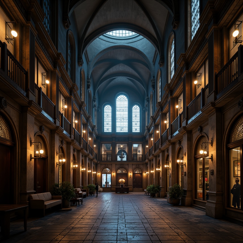 Prompt: Grandiose student halls, ornate stone facades, pointed arches, ribbed vaults, stained glass windows, dimly lit corridors, warm candlelight, flickering torches, mysterious shadows, mystical ambiance, eerie silence, dramatic spotlights, ambient occlusion, soft box lighting, cinematic composition, 2.35