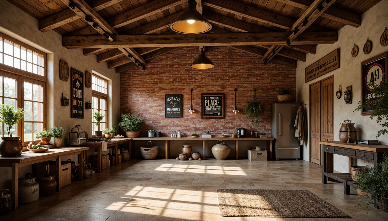 Prompt: Rustic family garage, warm wooden accents, earthy color palette, vintage metal signs, industrial pendant lights, exposed brick walls, distressed wood beams, metal lanterns, soft warm glow, cozy atmosphere, natural stone flooring, wooden crates, antique tools, nostalgic decorations, warm beige tones, softbox lighting, 1/1 composition, realistic textures, ambient occlusion.