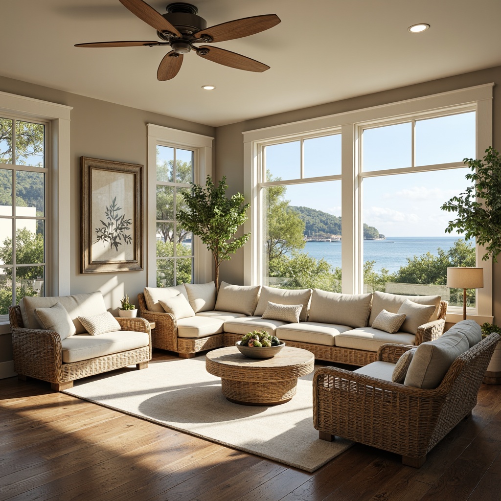 Prompt: Coastal sunroom, large windows, sliding glass doors, natural light pouring in, beachy vibe, driftwood accents, woven rattan furniture, soft linen upholstery, calming ocean views, serene atmosphere, warm beige walls, creamy white trim, distressed wood floors, nautical decorative elements, potted palm trees, refreshing sea breeze, gentle sunlight, 1/1 composition, shallow depth of field, realistic textures, ambient occlusion.