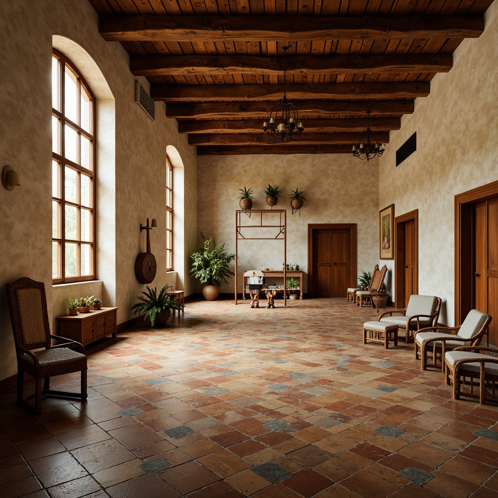 Prompt: Warm Mediterranean-style gymnasium, rustic wooden floors, distressed finishes, earthy color palette, natural stone walls, arched windows, ornate metalwork, vintage athletic equipment, woven rattan furniture, plush cushions, soft warm lighting, shallow depth of field, 3/4 composition, panoramic view, realistic textures, ambient occlusion.