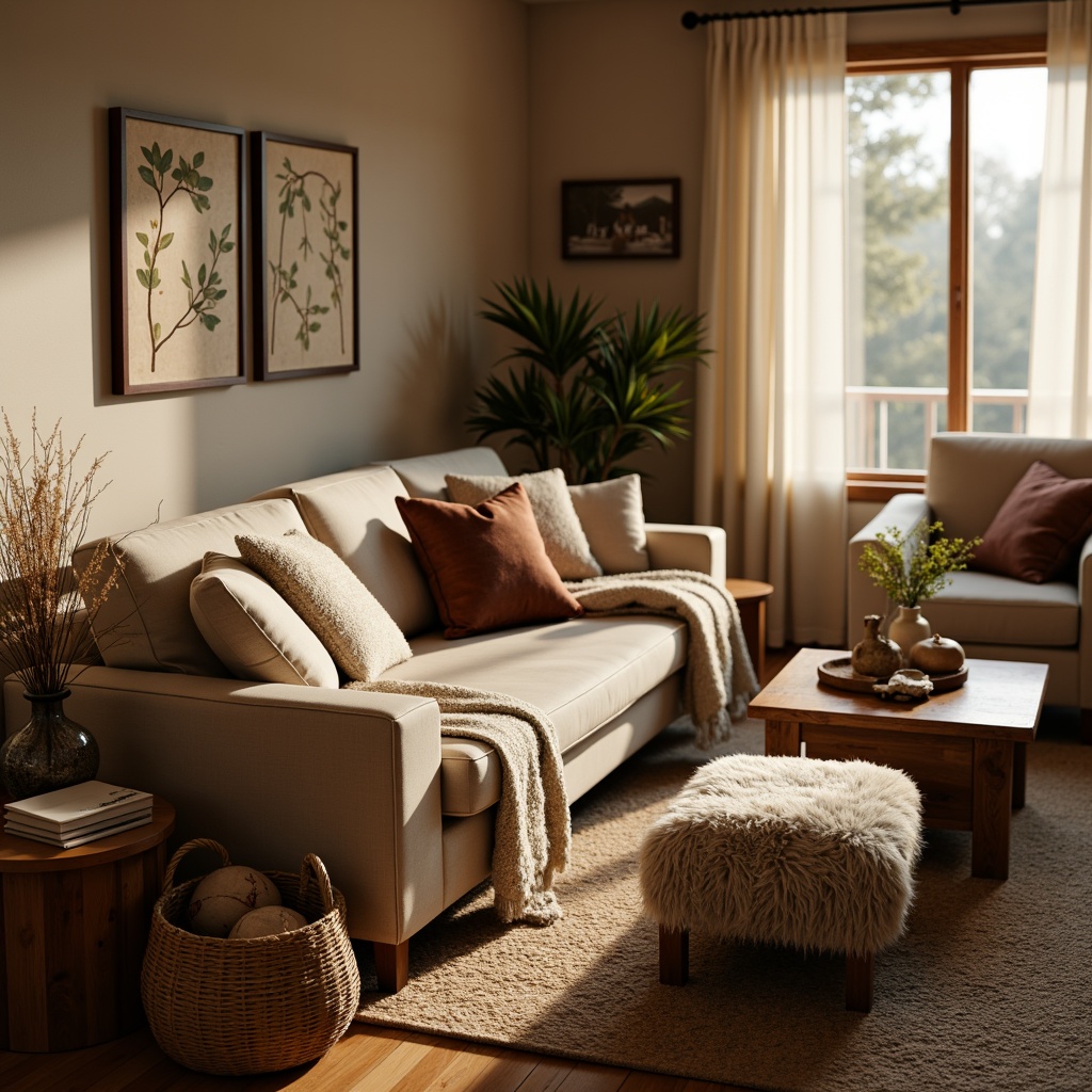 Prompt: Cozy living room, plush throw blankets, soft velvet pillows, chunky woven baskets, natural fiber rugs, warm beige walls, comfortable sectional sofas, oversized armchairs, rustic wooden coffee tables, ambient warm lighting, shallow depth of field, 1/1 composition, realistic fabric textures, subtle shadows.