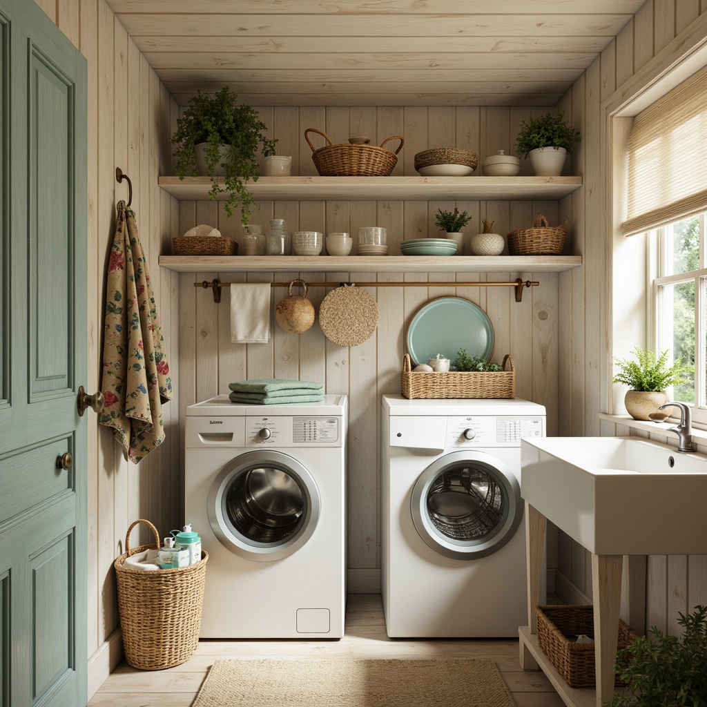 Prompt: Cozy laundry room, vintage washing machines, distressed wood cabinetry, soft warm lighting, pastel color palette, creamy whites, light blues, mint greens, warm beiges, rustic metal accents, woven baskets, natural fiber textiles, floral patterns, subtle stripes, gentle curves, 1/1 composition, soft focus, realistic textures.