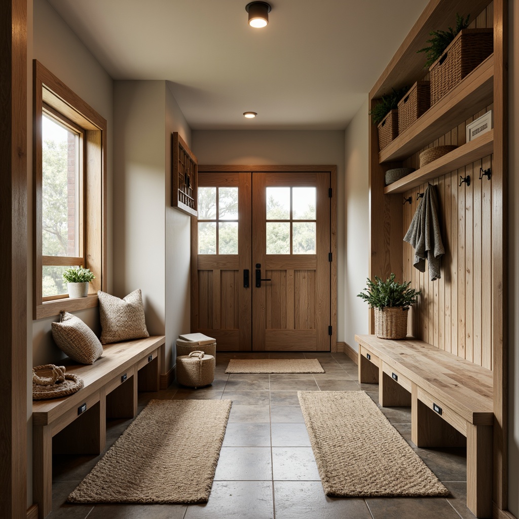 Prompt: Cozy mudroom, natural stone flooring, earthy tones, rustic wood accents, woven baskets, plush area rugs, warm lighting, functional storage benches, decorative hooks, water-resistant materials, slip-resistant surfaces, easy-to-clean design, practical layout, durable finishes, comfortable seating areas, calming color palette, soft textures, inviting ambiance.